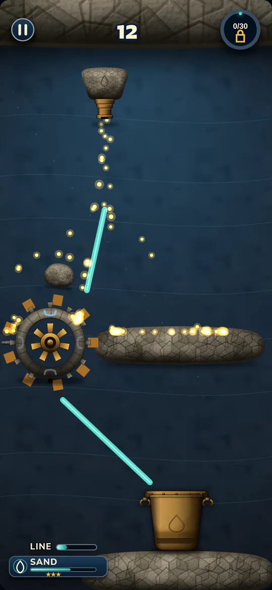 Gameplay: sand pours from the nozzle and slides along a drawn cyan line into the cup