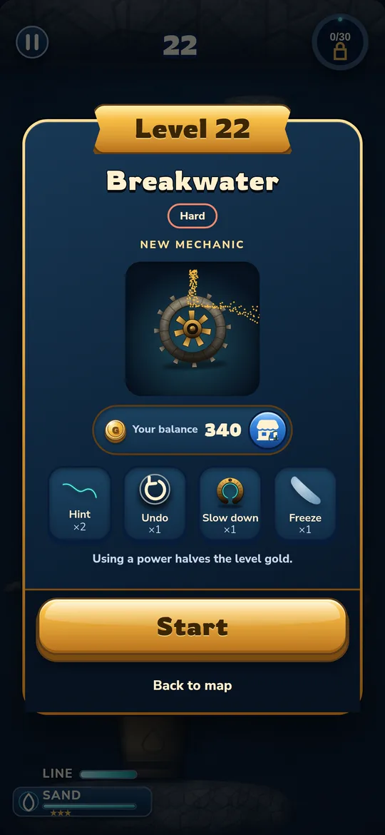 Level card: level 22, difficulty Hard, the new mechanic and the powers you pick before you start